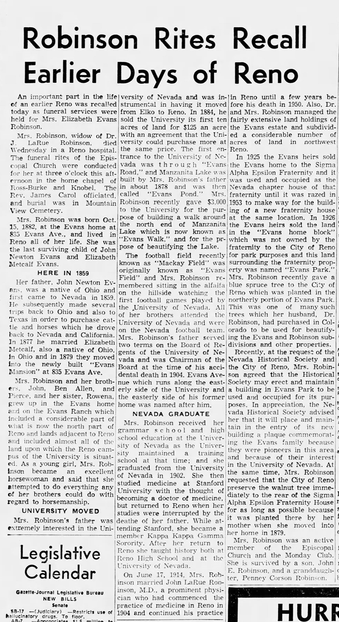 Newspaper article about the Evans family asking to save some of the trees and include a plaque about their efforts to build the University when buildings were to be constructed in the park.