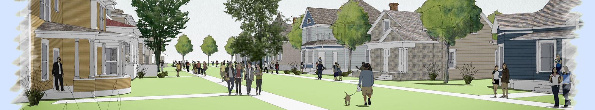 drawing of the historic park with lots of activity and thriving businesses in a park setting.