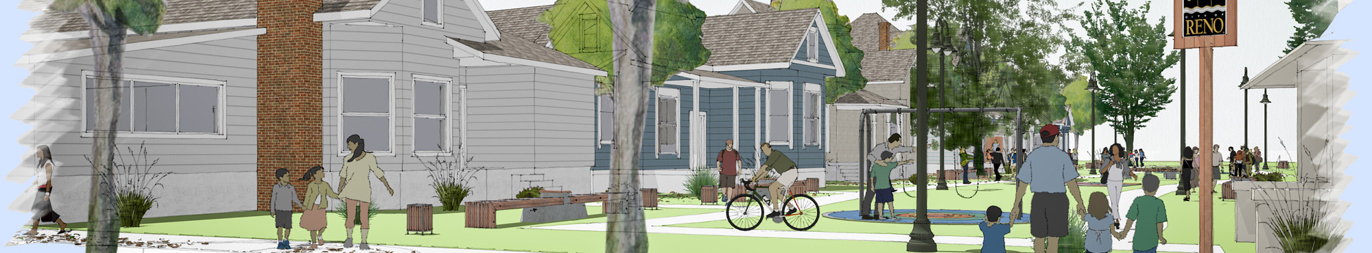 Families and students enjoying the park swings and art between the historic homes.