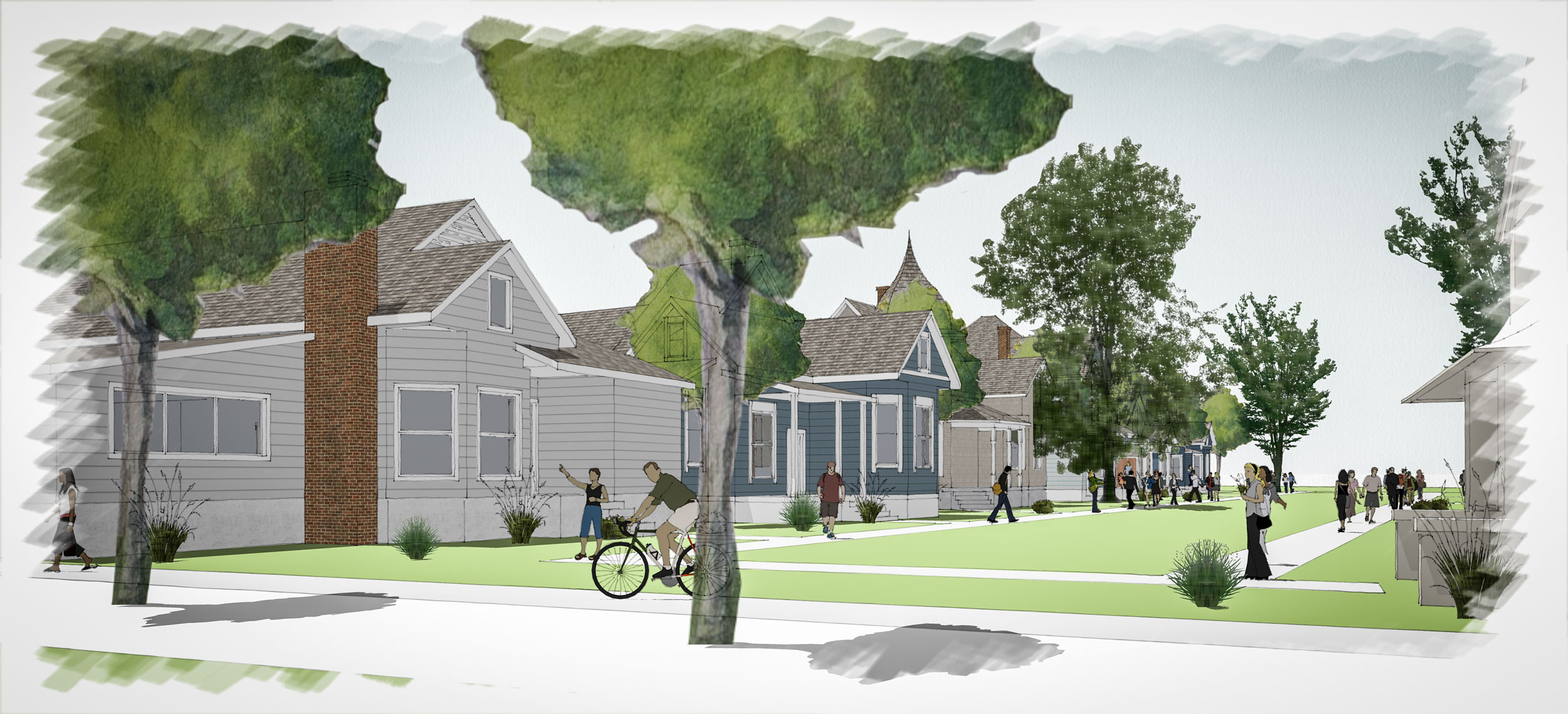 Ground level drawing to show the project looking toward the university. People are walking and riding bikes in the plaza. 